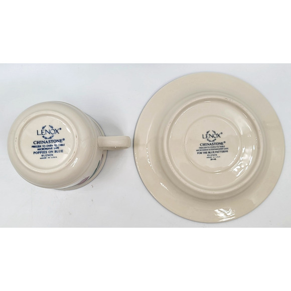 Lenox Chinastone Poppies on Blue Cup & Saucers Red Flowers & Blue Leaves - Picture 8 of 11